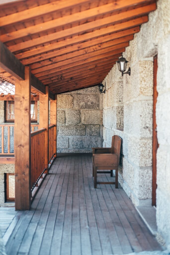 Rural cabin with wooden bench