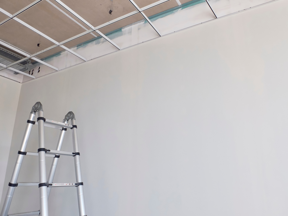Metal,Frame,Of,Suspended,Ceilings,And,Stepladder.,Making,Of,False