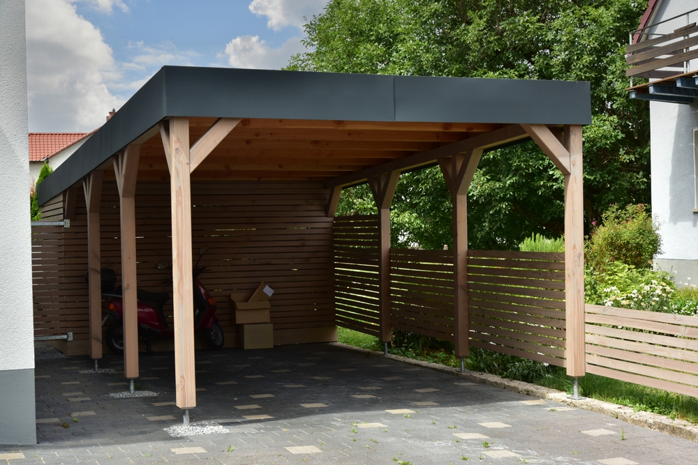 Wooden,Carport,With,Rain,Gutter,And,Rainwater,Pipe